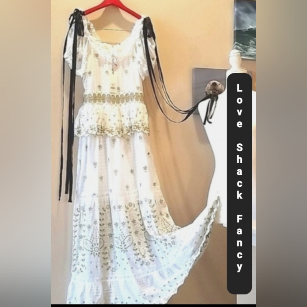 LoveShackFancy LSF White Gold Embroidery Zip  Black Ribbon Kennedy Maxi Dress 2